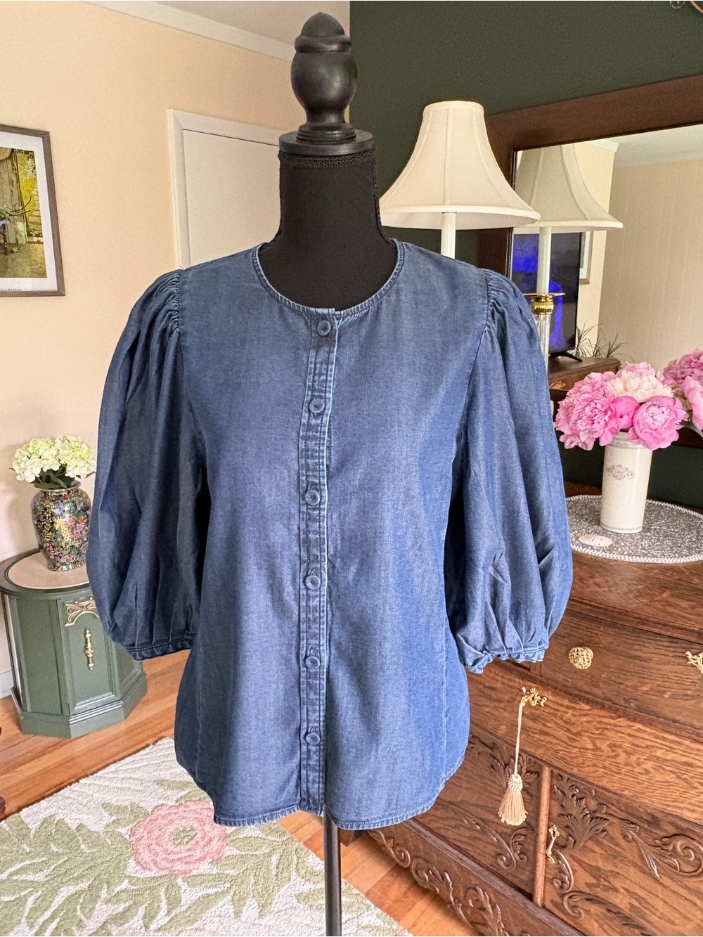 NWT Madewell Denim Puff Sleeve Button Front Top Size 4 Chambray Blouse